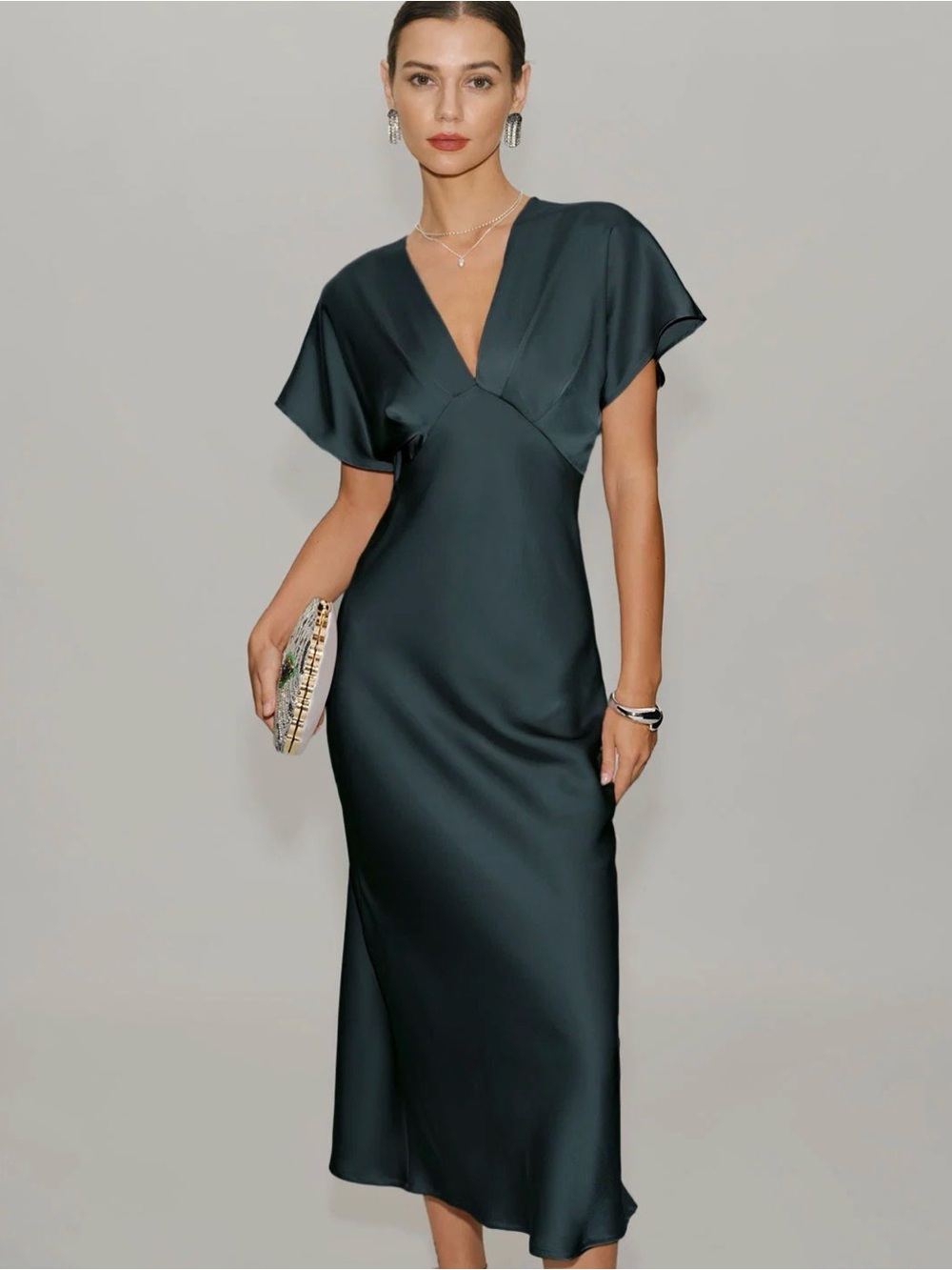 RIHOAS Teal Satin V-Neck Midi Dress with Flutter Sleeves